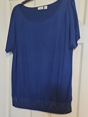 Cato Royal Blue Short Sleeve Scoop Neck Top with Hem Stud Accents